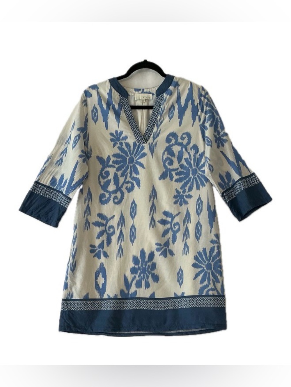 Pinch Ikat w/ Floral Trim Tunic Dress SzSM Short Priscilla Blue/White 3/4 Sleeve